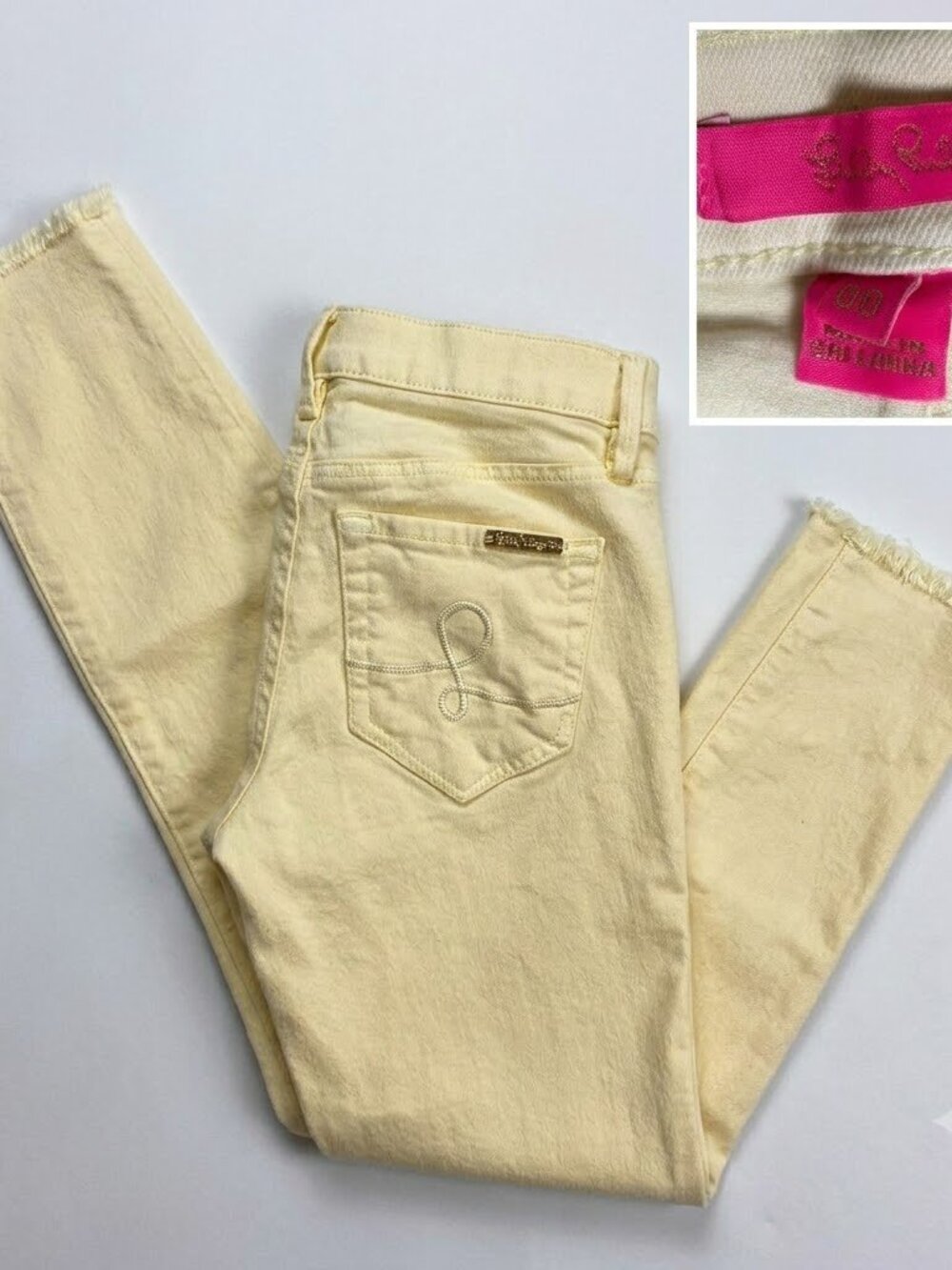 Lilly Pulitzer Worth Skinny Jeans Pale Yellow 00 Frayed Fringe Ankle Crop 27.5"